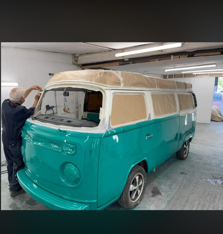 VW camper being resprayed in the booth