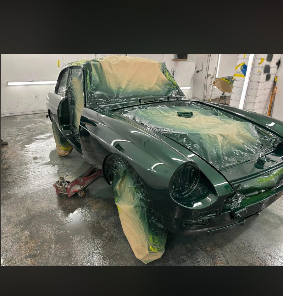 MGB GT freshly painted in racing green
