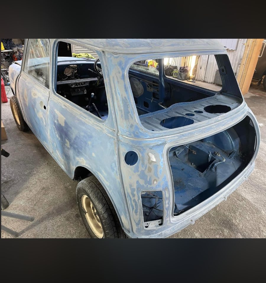 Classic Mini stripped back to a bare shell