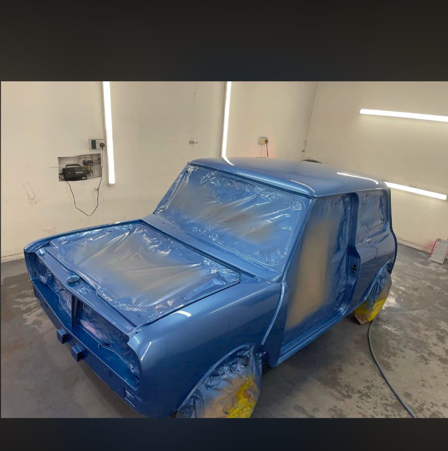 Classic Mini freshly painted in metallic blue